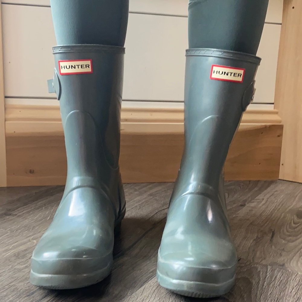 Short, shiny gray/greenish hunter boots
